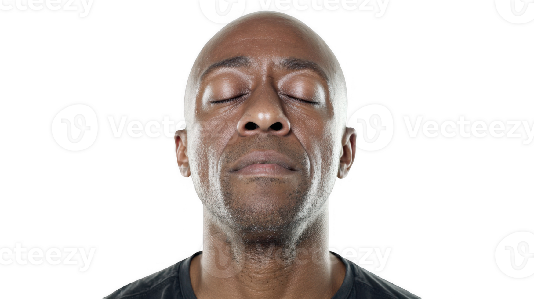 Bald black man closing eyes and relaxing with transparent background png