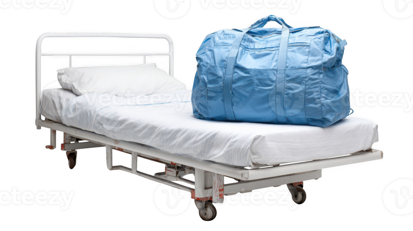 Packed bag lying on empty hospital bed with transparent background png