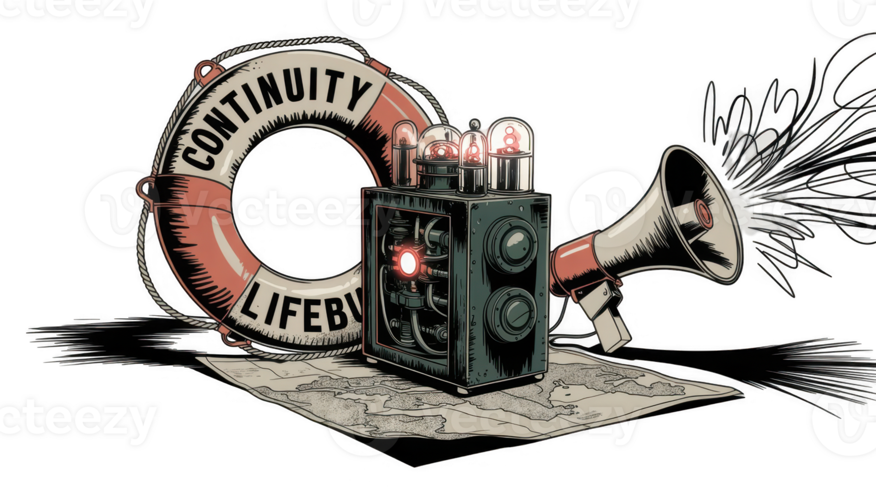 Electronic device with megaphone and lifebuoy on map over transparent background png