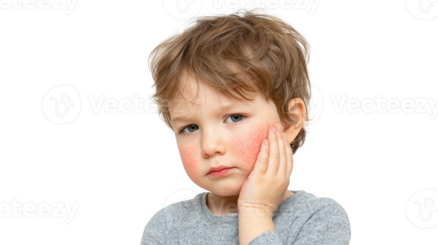 Child suffering from cheek rash touching his face on transparent background png