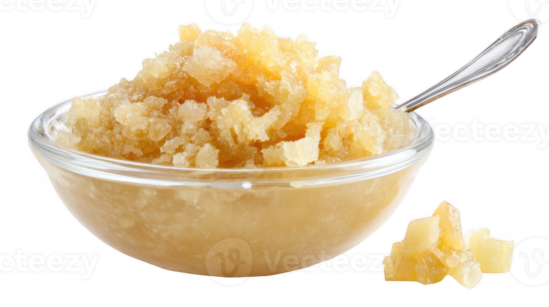 Crushed pineapple preserves in glass bowl with spoon on transparent background png