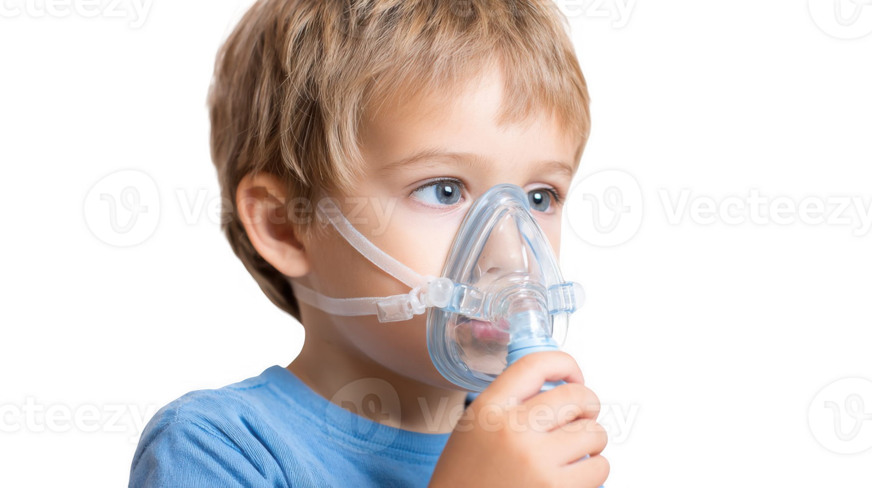 Child using inhaler mask for respiratory therapy on transparent background png