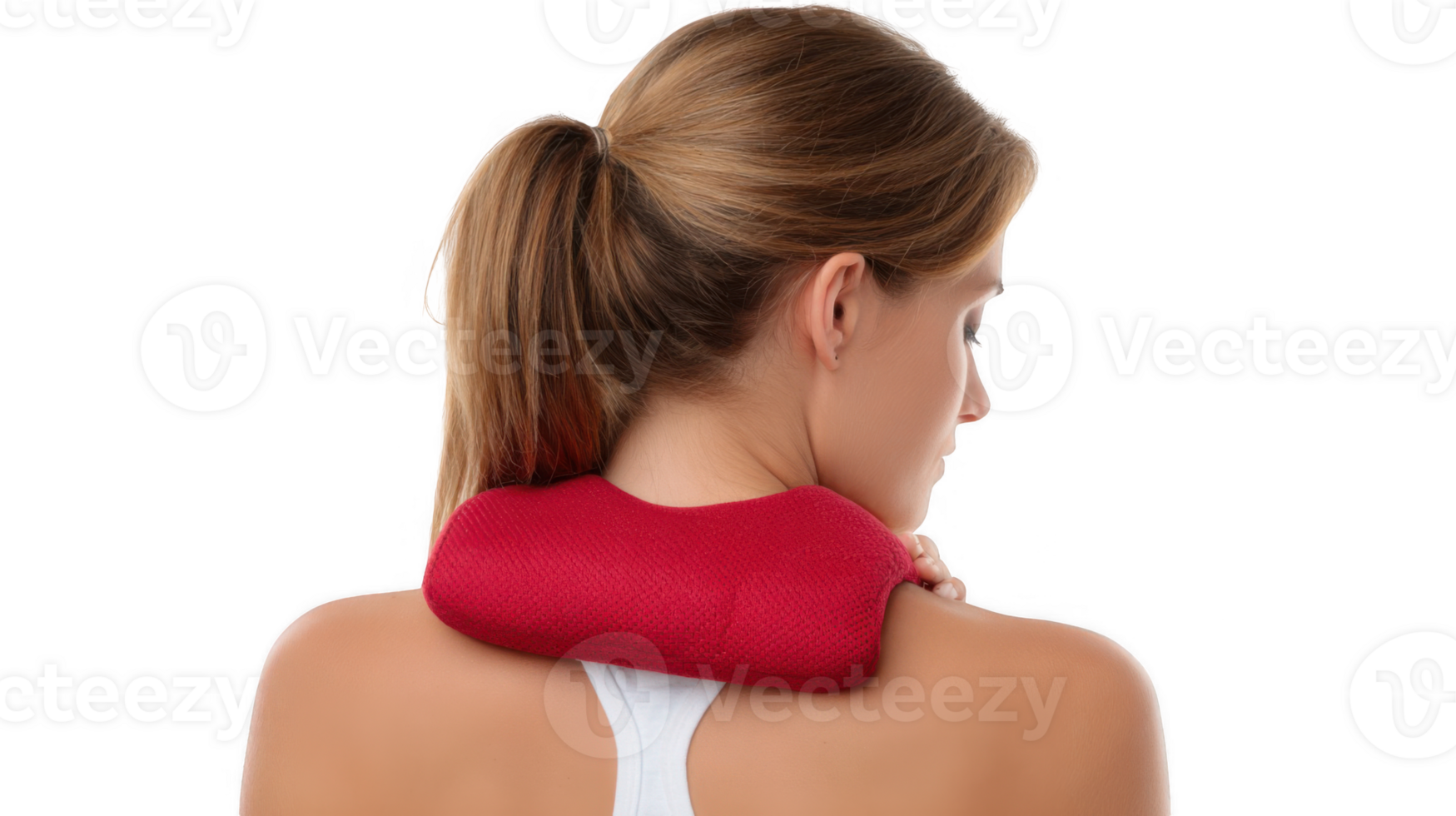 Woman relieving neck pain with hot pack on transparent background png
