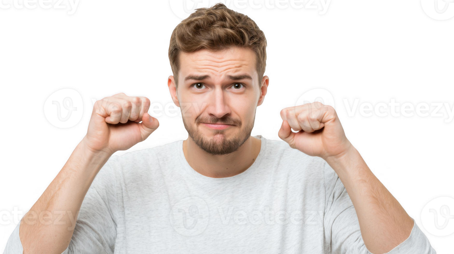 Young man showing fingers and expressing frustration on transparent background png