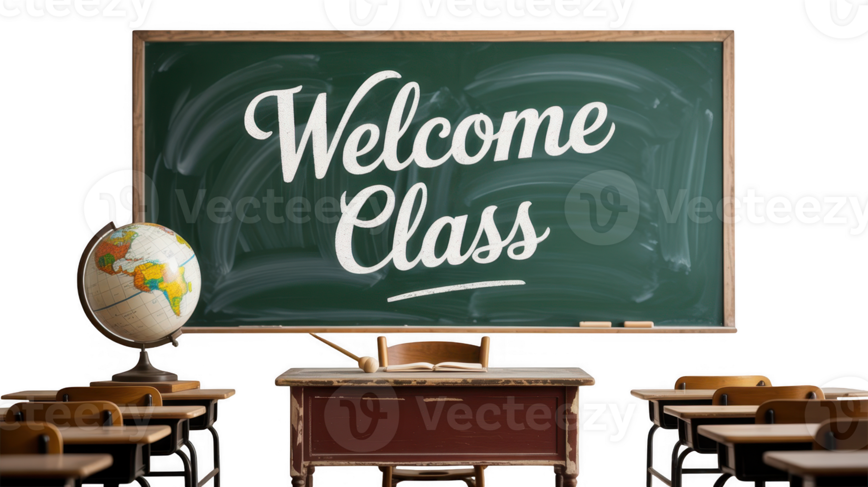 Welcome class sign on green chalkboard in empty classroom with transparent background png
