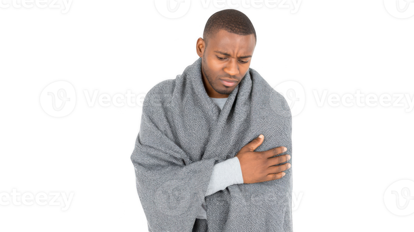 Sick young man shivering wrapped in blanket on transparent background png
