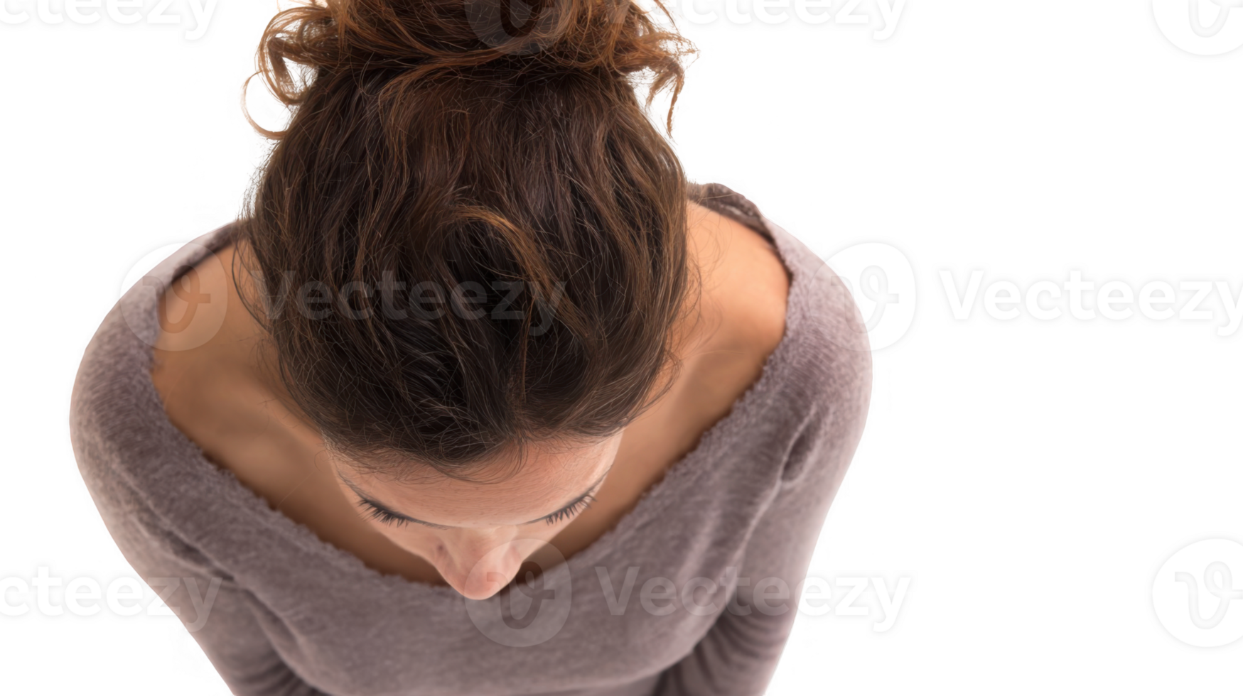 Woman looking down with transparent background, sadness and introspection png