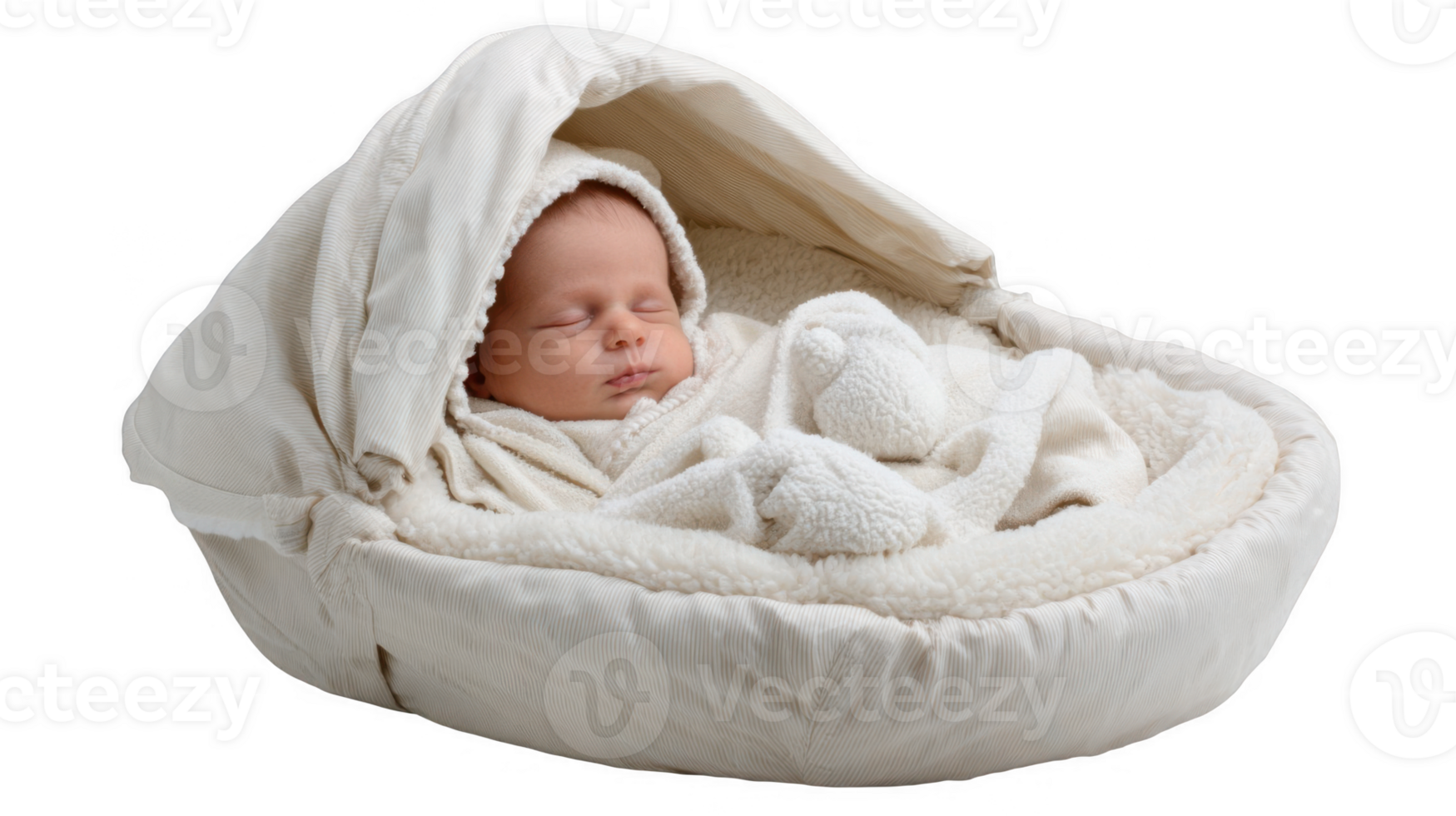 Newborn baby sleeping peacefully in soft cocoon with transparent background png