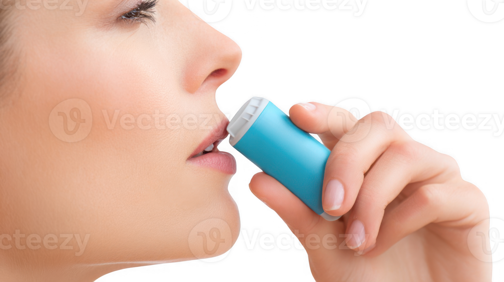 Woman using blue asthma inhaler, isolated on transparent background png