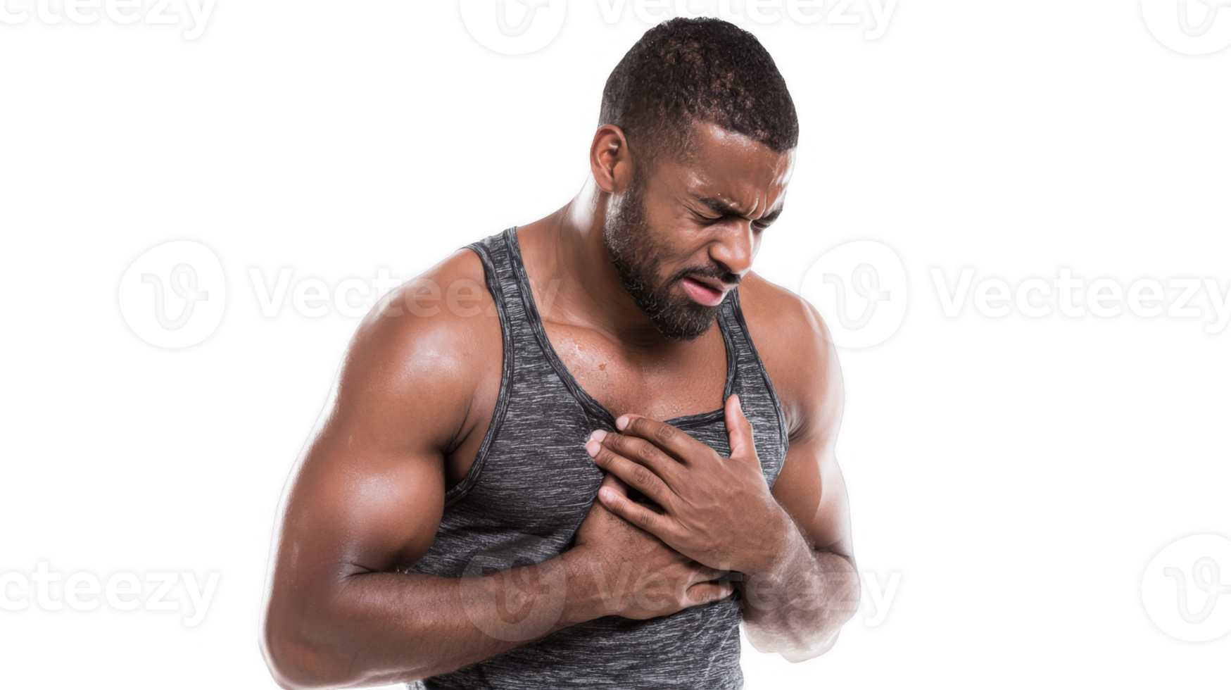 Young bodybuilder suffering chest pain on transparent background png