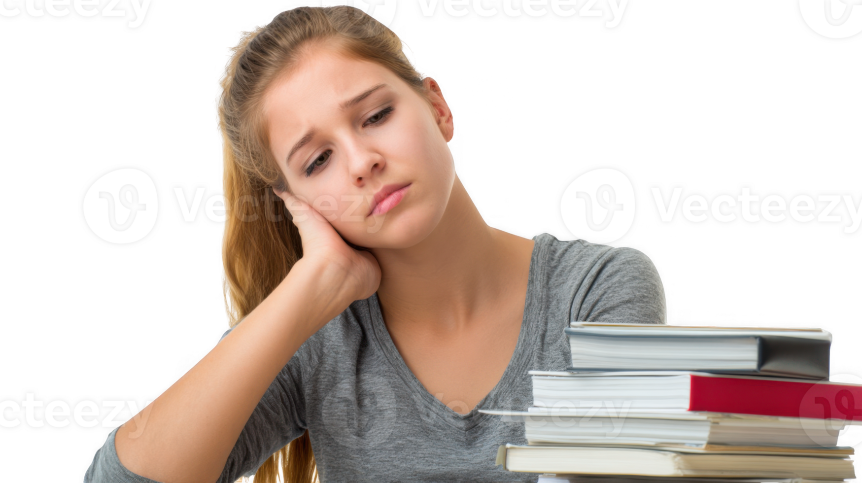 Sad student feeling tired and bored while studying with transparent background png