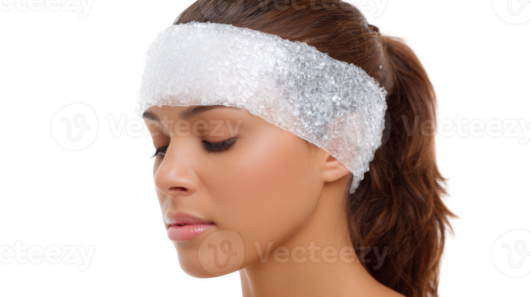 Woman applying ice pack on forehead for pain relief on transparent background png