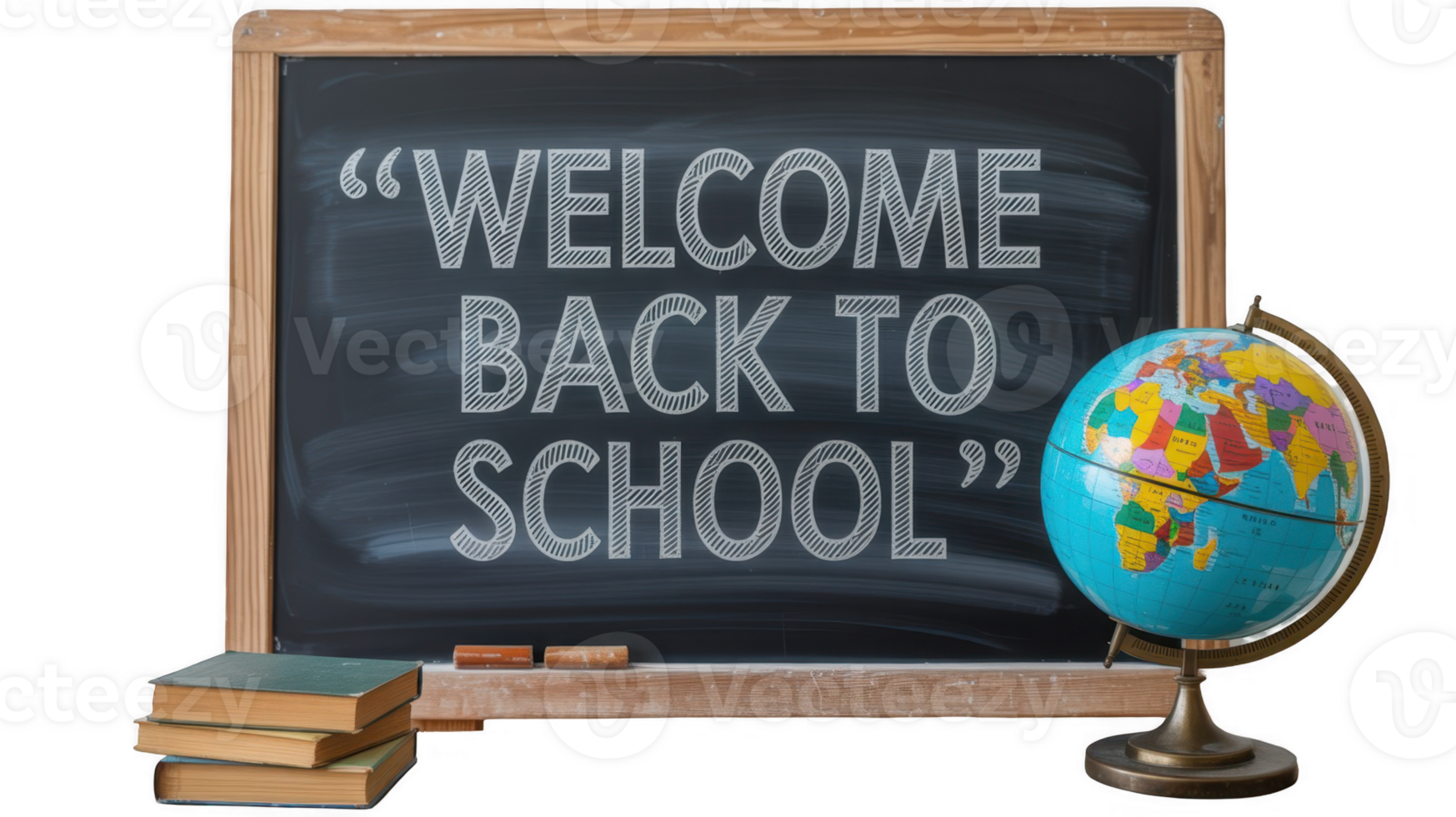 Welcome back to school message on blackboard with globe and books png