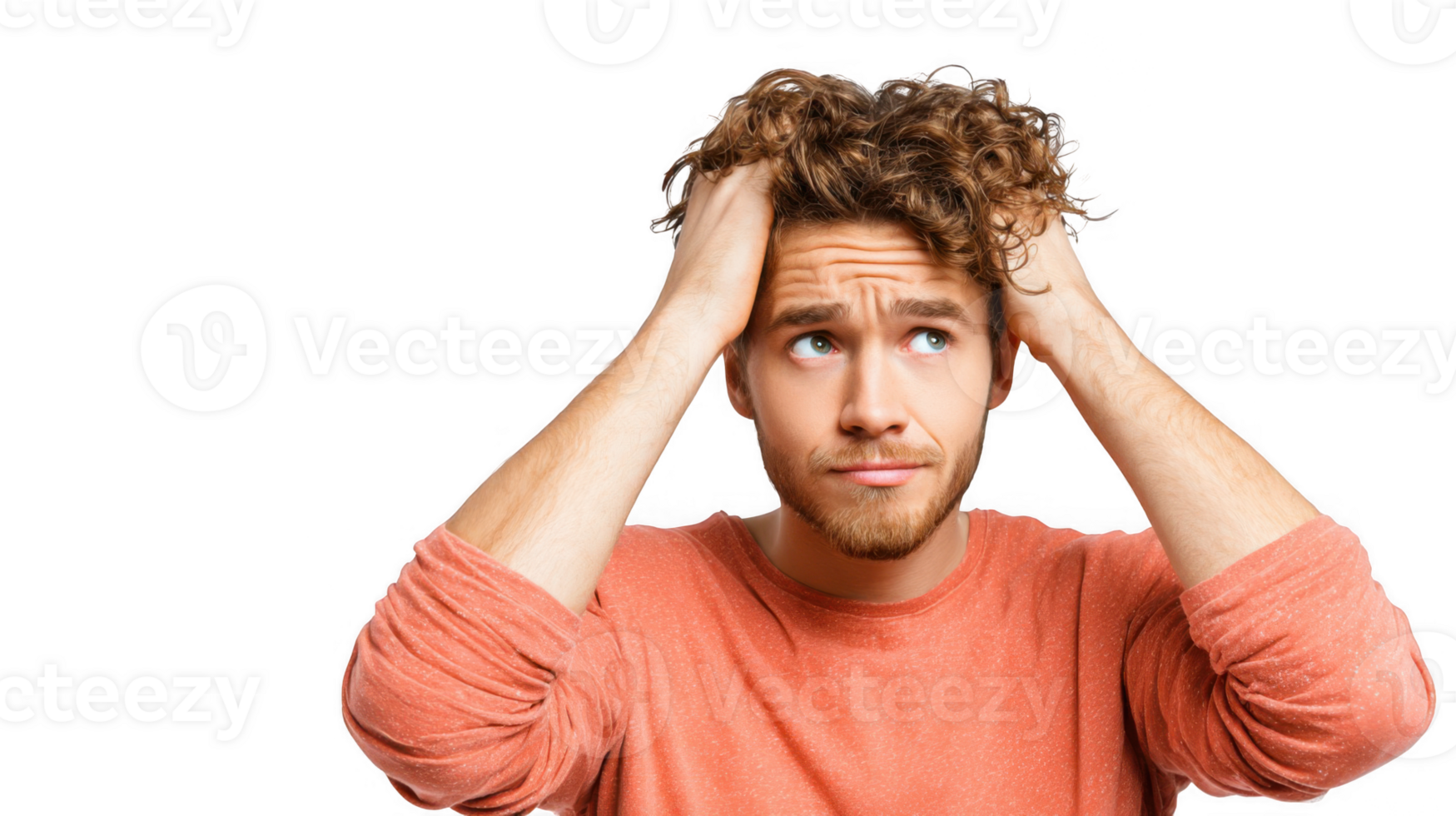 Confused young man holding head and looking up on transparent background png