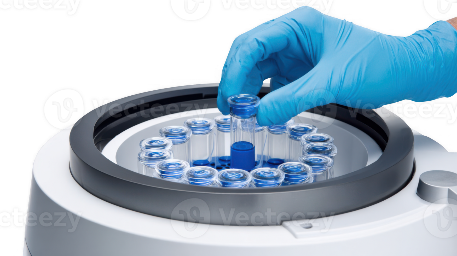 Lab technician placing test tube in centrifuge with transparent background png