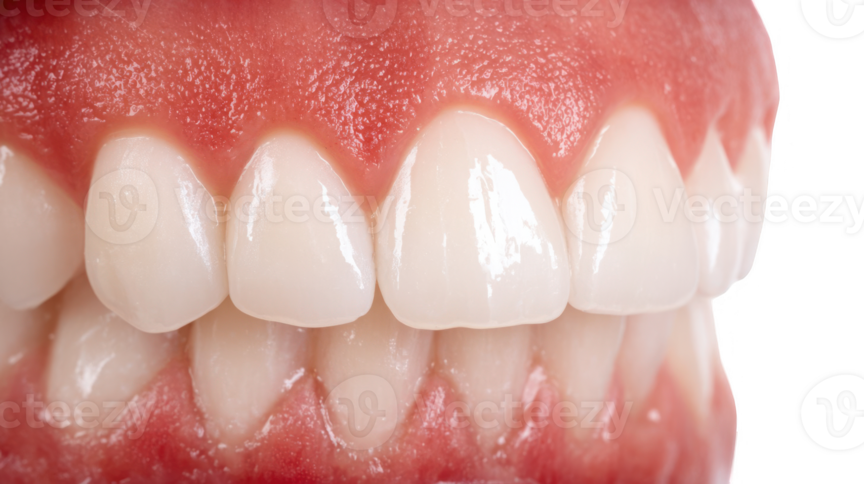 Perfect white teeth showing receding gums on transparent background png