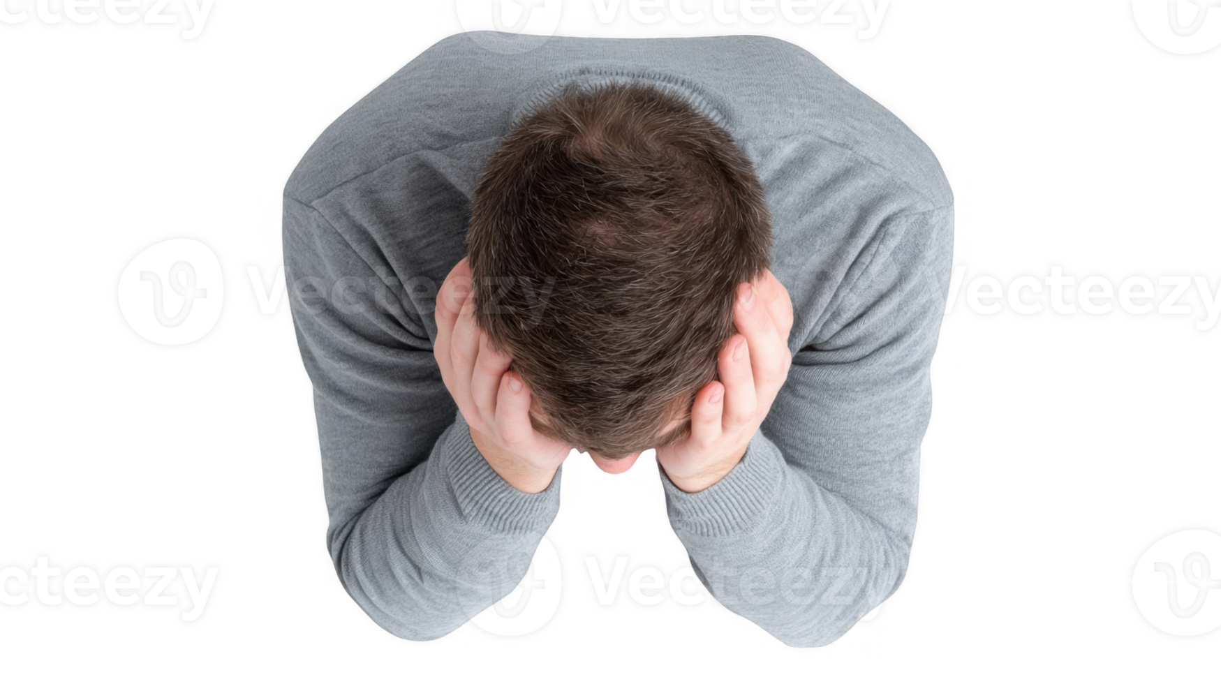 Depressed man holding head in hands on transparent background png