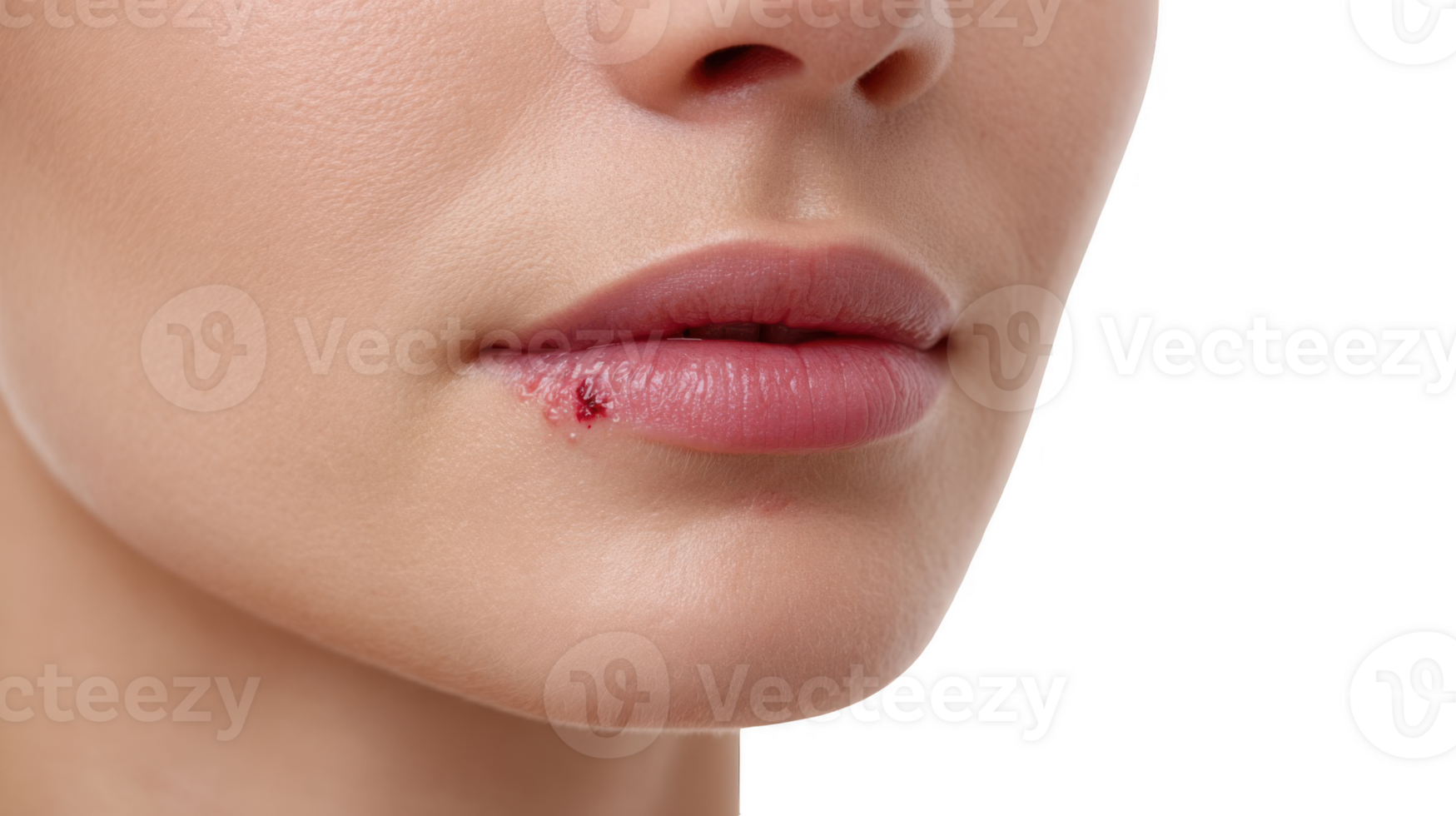 Herpes simplex virus type 1 causing cold sore on woman's lip, transparent background png