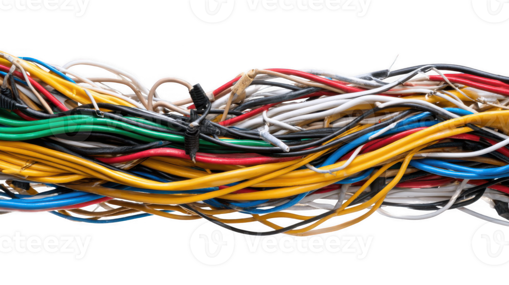 Tangled electrical cables creating a colorful mess on transparent background png
