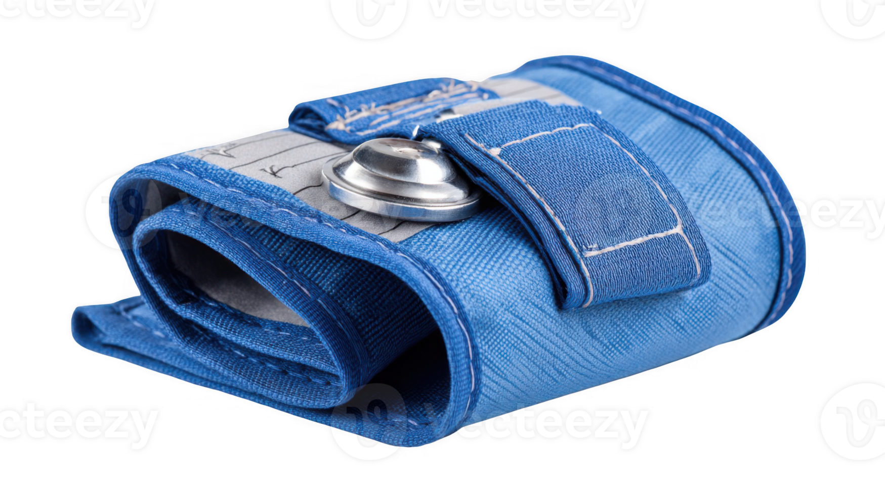 Rolled up blue blood pressure cuff with metal stethoscope on transparent background png