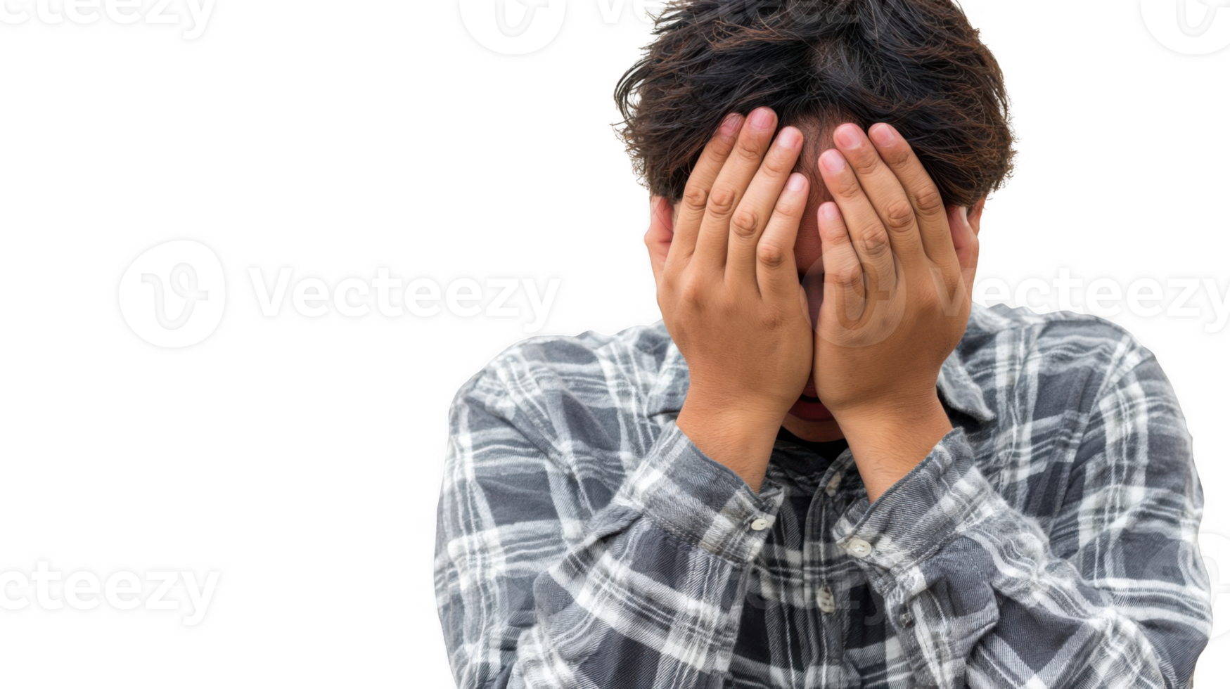 Young man covering face with hands showing despair and shame on transparent background png