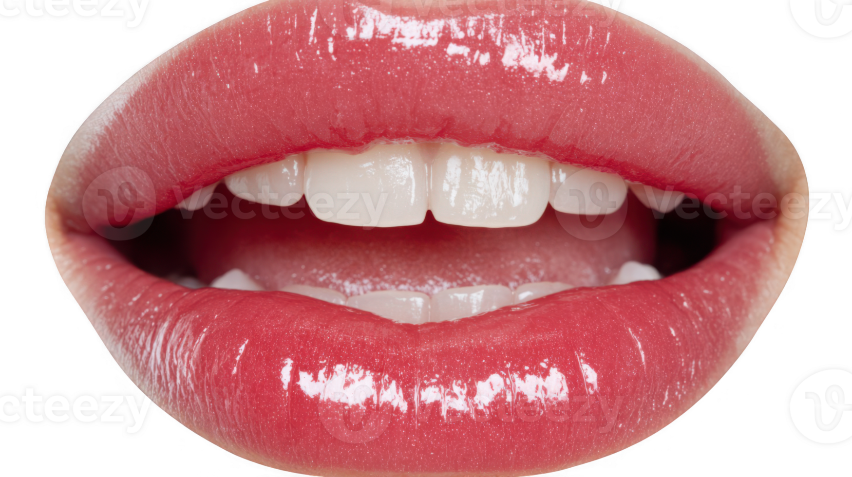Glossy lips showing white teeth on transparent background png