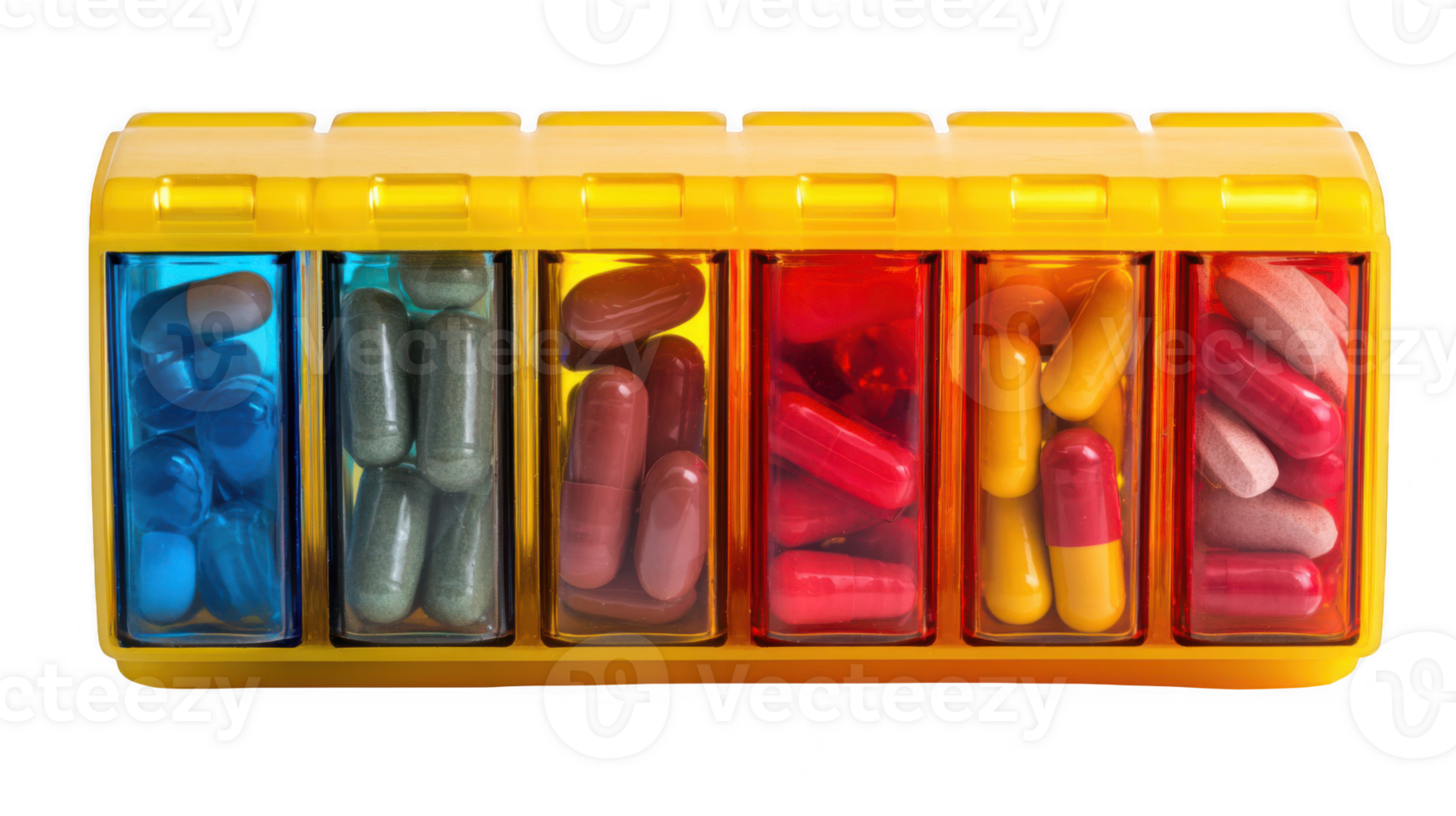 Yellow seven day pill organizer containing colorful pills on transparent background png