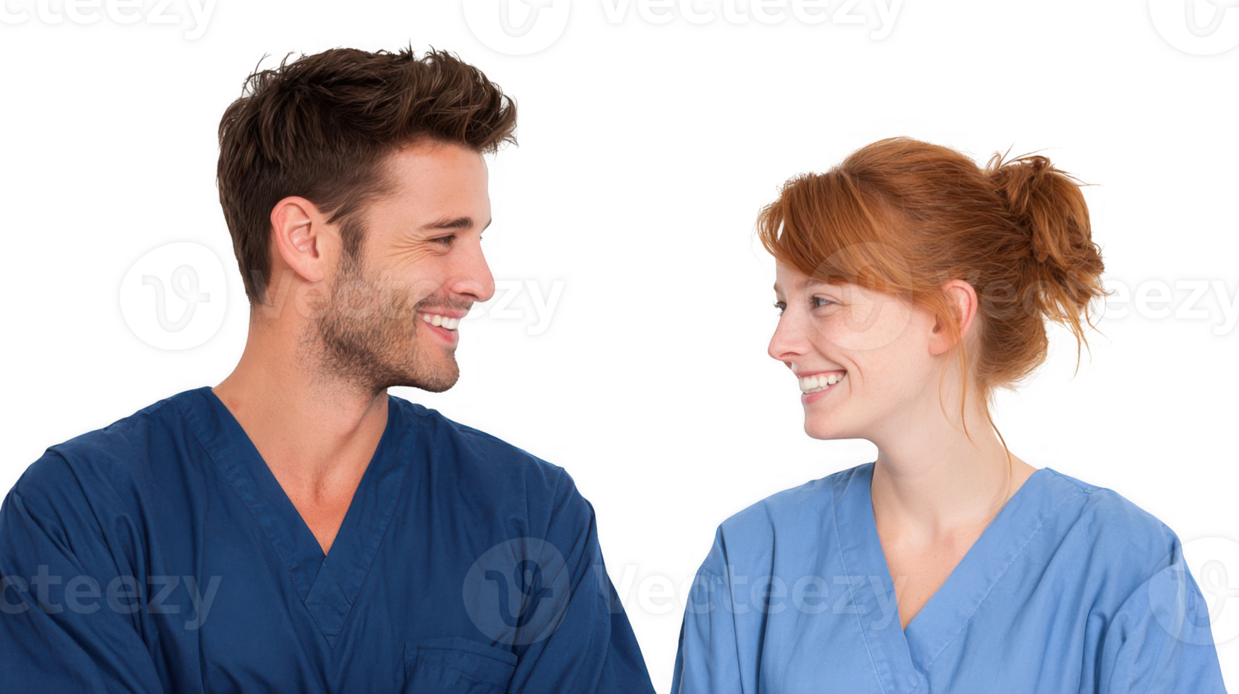 Two young doctors smiling at each other on transparent background png