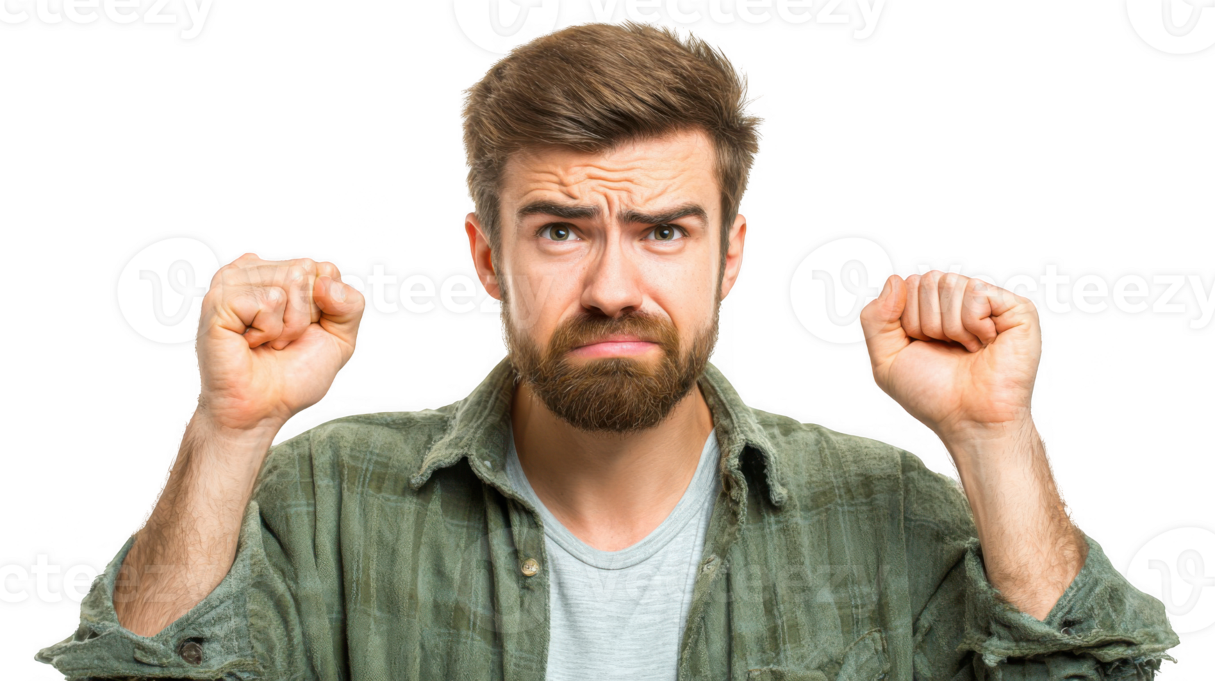 Frustrated man showing fists and expressing anger on transparent background png