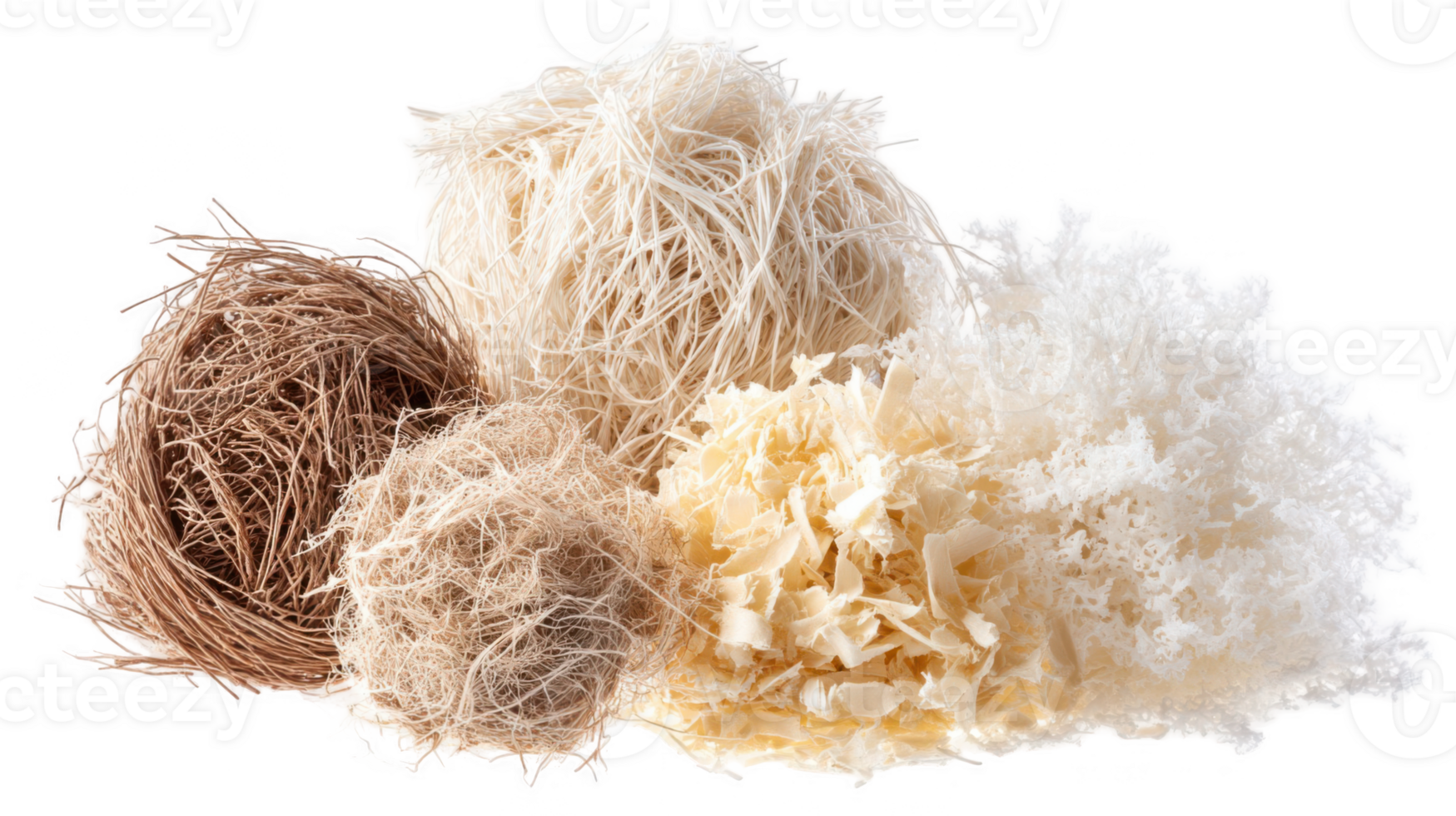 Different natural fibers showing various textures and colors on transparent background png
