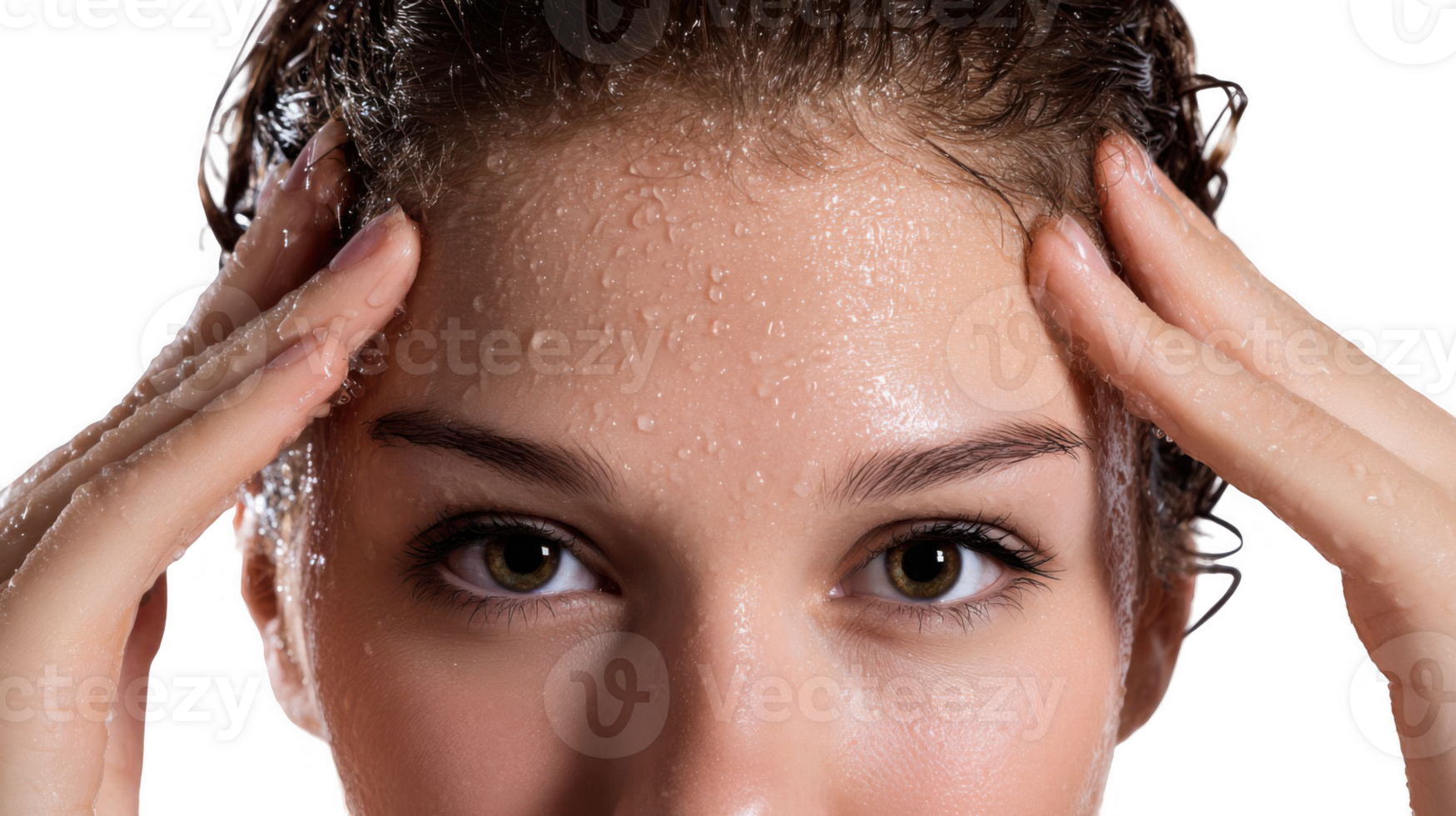 Woman touching sweaty forehead on transparent background png