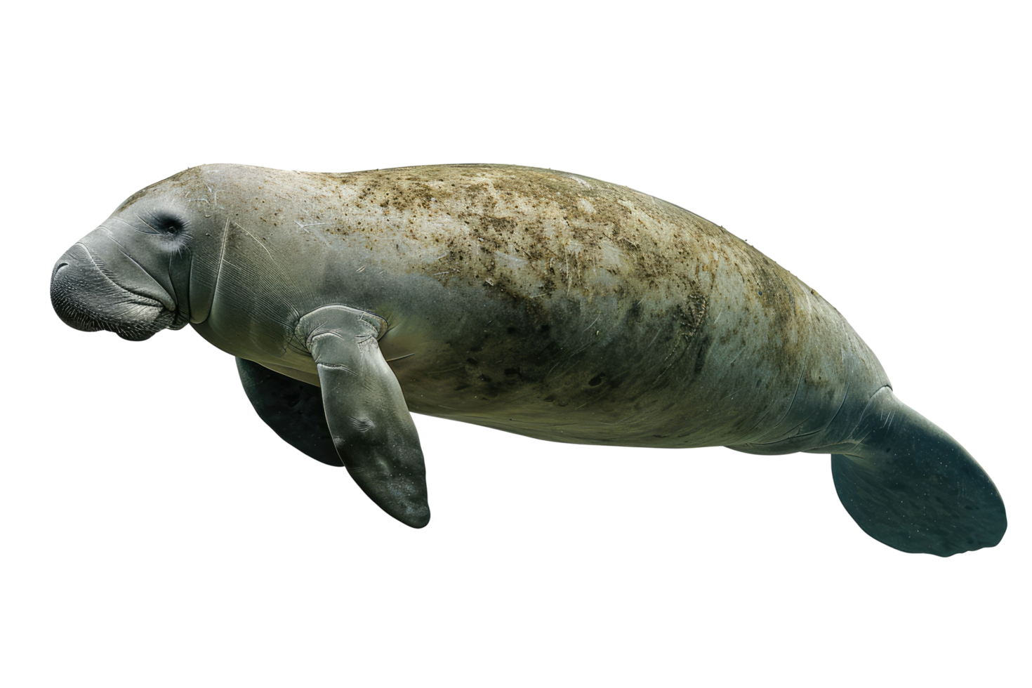 Gentle Manatee. Graceful Sea Cow Swimming Underwater,Isolated On Black Background. Marine Mammal. png
