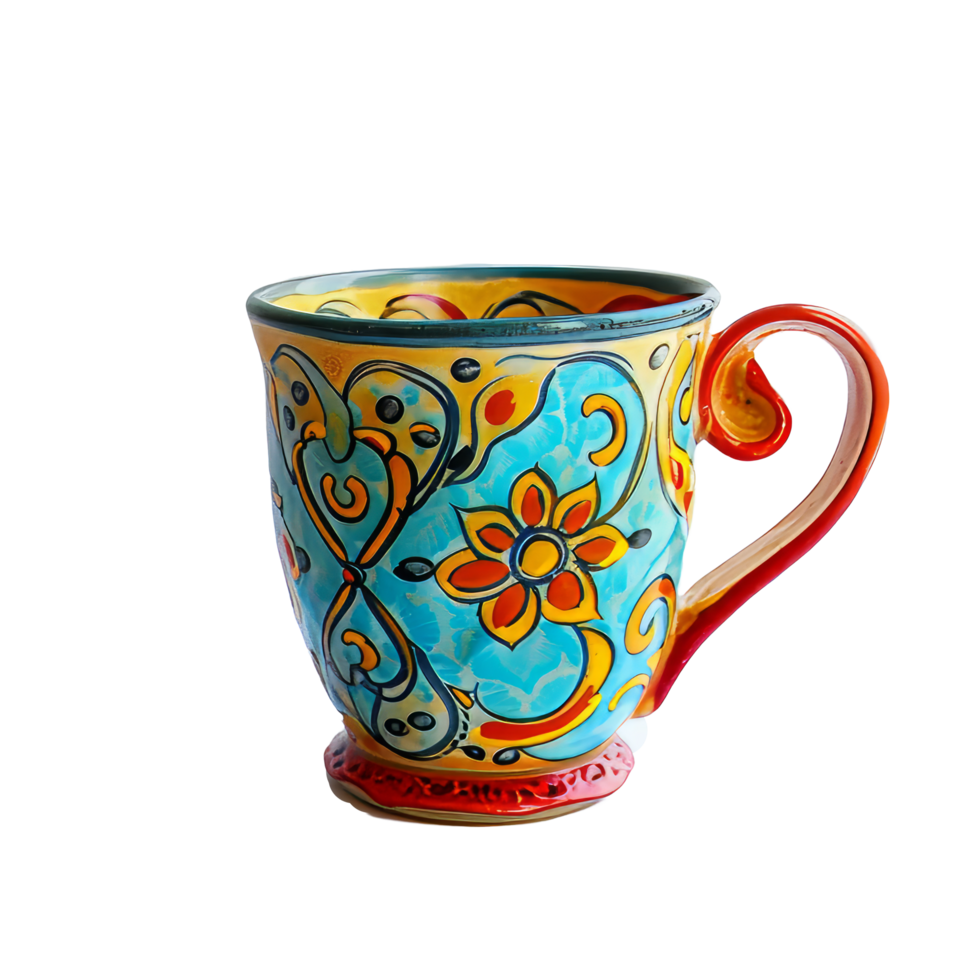 Ceramic Mug With Colorful Floral Pattern On Black. Perfect For Drinkware Or Vibrant Design Concepts. png