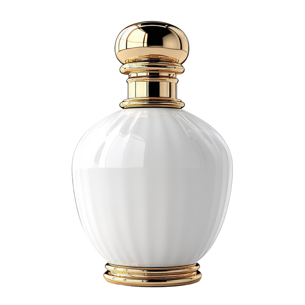 Luxury Perfume Bottle. White Glass Container With Gold Cap On Black Background. png