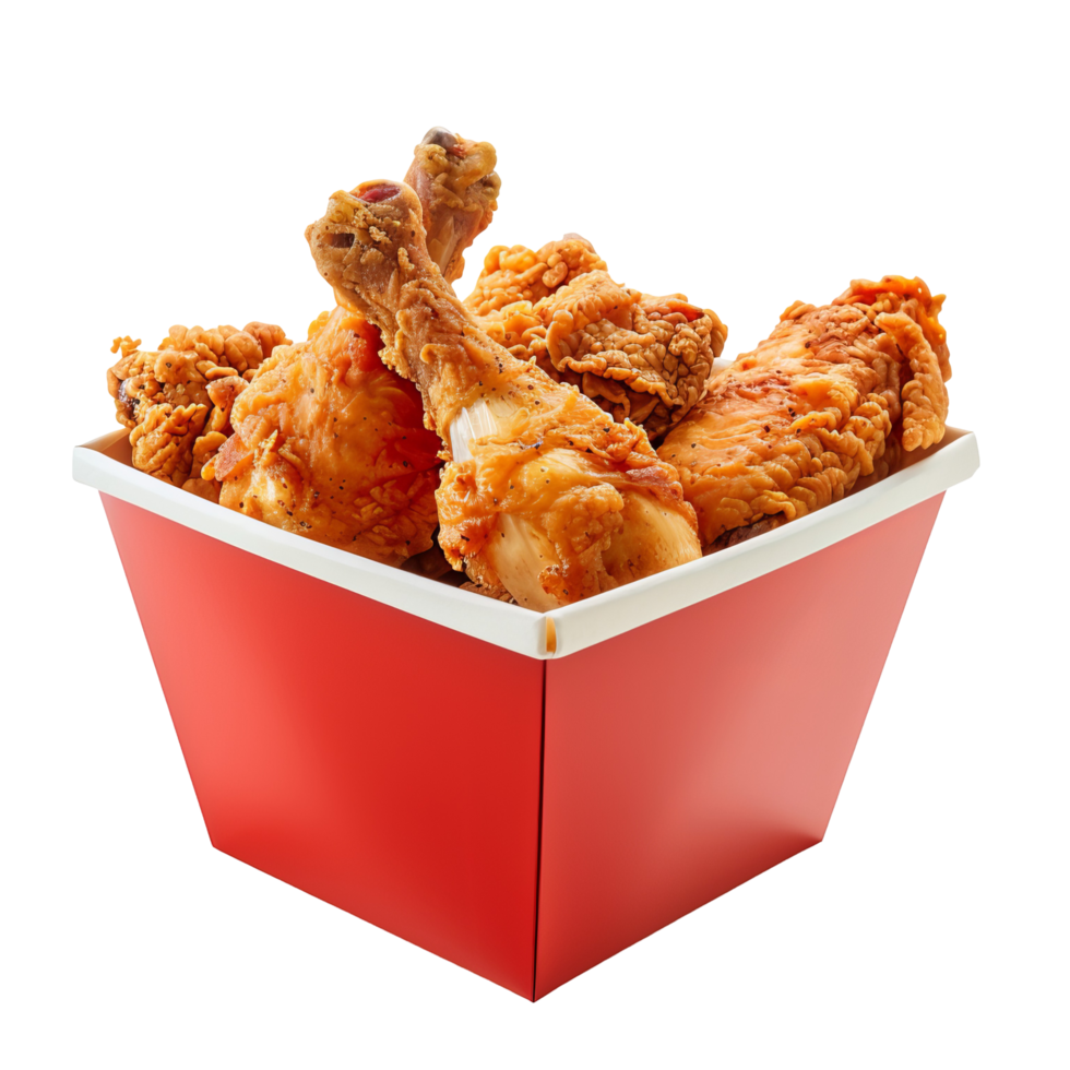 Fried Chicken Pieces In A Red Bucket. Ready To Eat And Share With Family And Friends. Isolated On Black. png