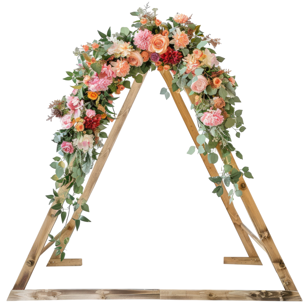 Rustic Triangular Wedding Arch Decorated With Delicate Flowers For An Outdoor Ceremony. Isolated On Black. png