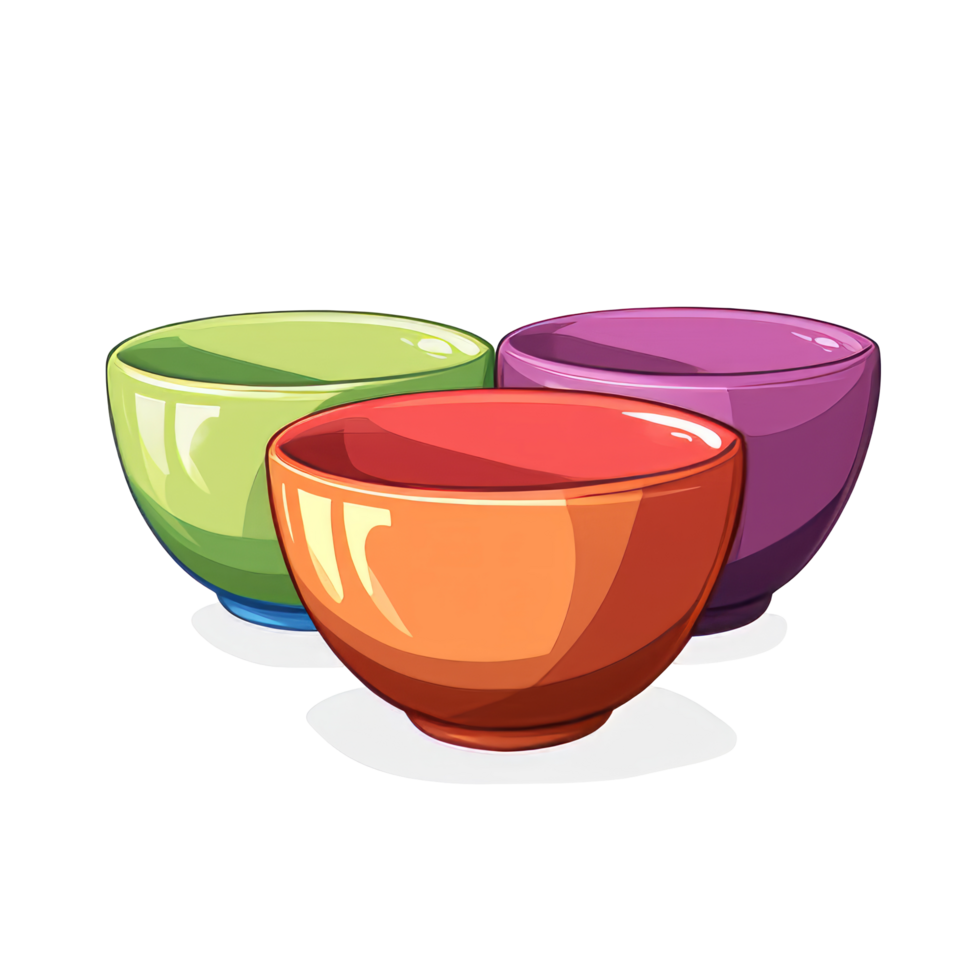 Cartoon Illustration Of Three Colorful Bowls With A Blank Interior Against A Black Backdrop. Simple, Charming, And Ready For Your Creative Touch. png
