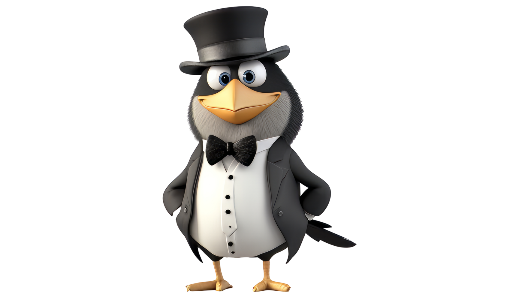 Stylish Cartoon Bird In Formal Attire. Humorous Avian Character Wearing A Tuxedo And Top Hat. png