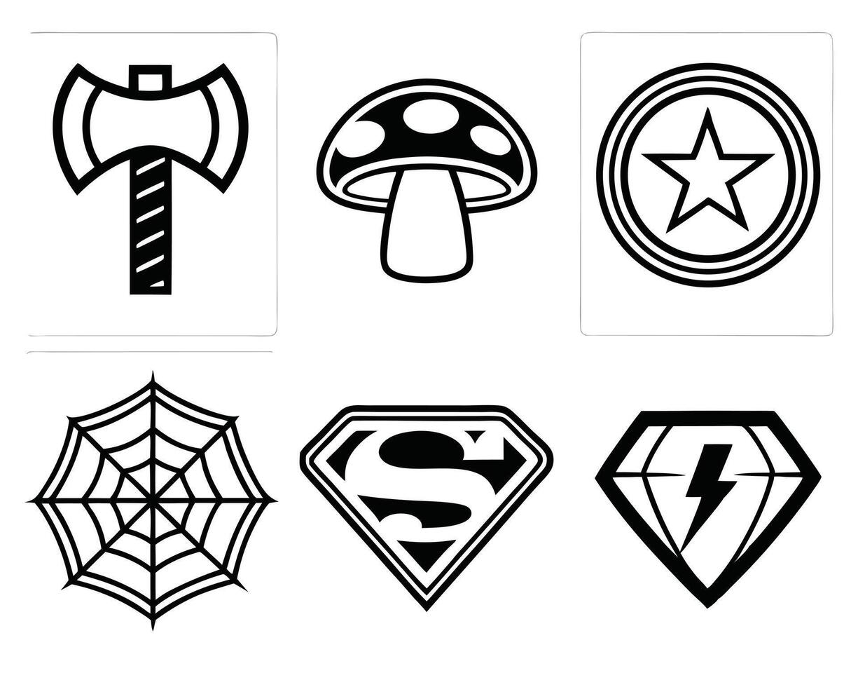 Simple black and white icon designs featuring an axe, mushroom, star, spiderweb, and super symbols vector