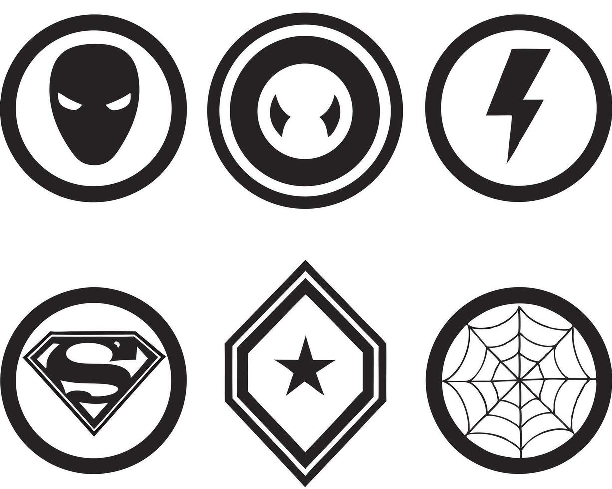 Six superhero badges in black and white circular and diamond shapes for graphic design vector