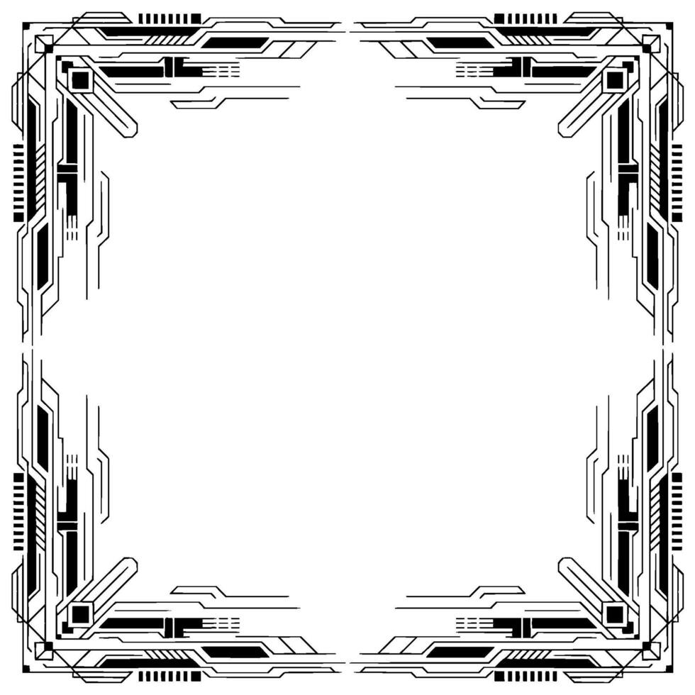 Tech Frame Element Futuristic Border, Digital Circuit, Black White vector