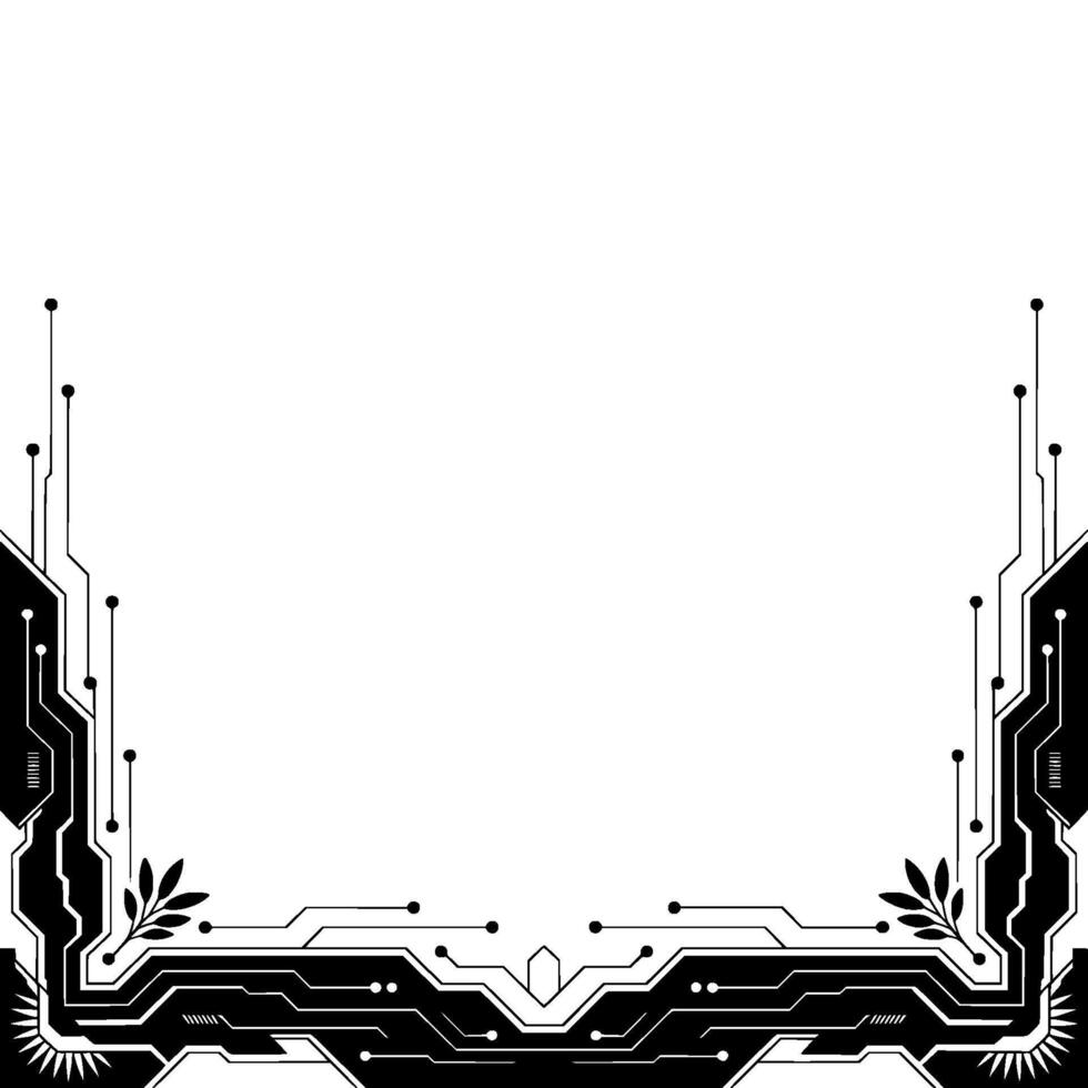 Futuristic Circuit Board Border With Leaf Accent Black White Background vector