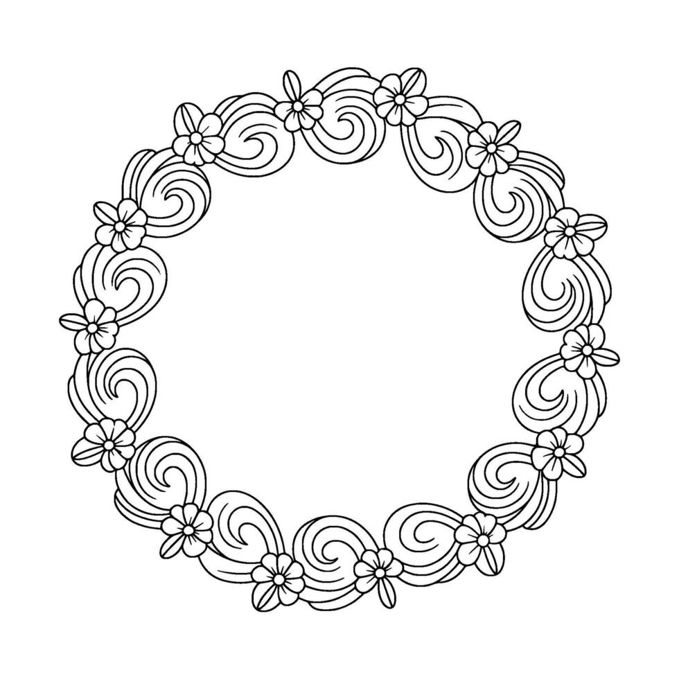 Floral Wreath Outline Elegant Circle Frame For Coloring, Invitation vector
