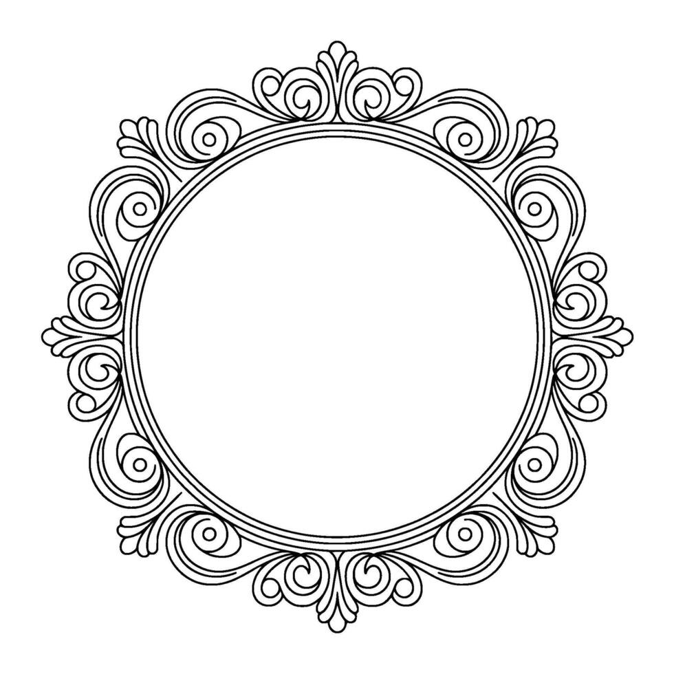 Ornate Circular Frame, Black Outline On White, Decorative vector