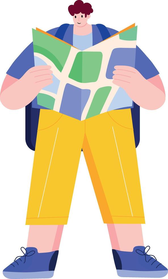 A flat style illustration showing a person holding map vector