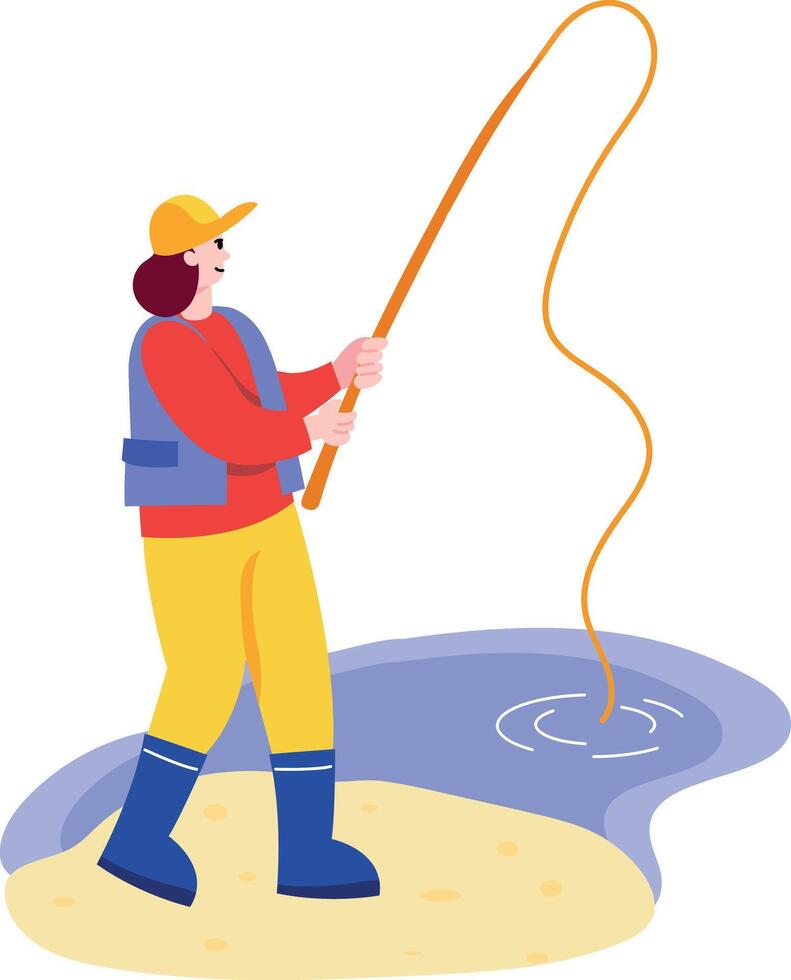 A flat style illustration showing a person doing fishing vector