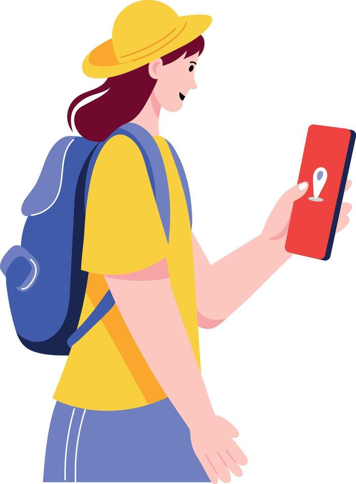 A flat style illustration showing a person looking at gps location vector