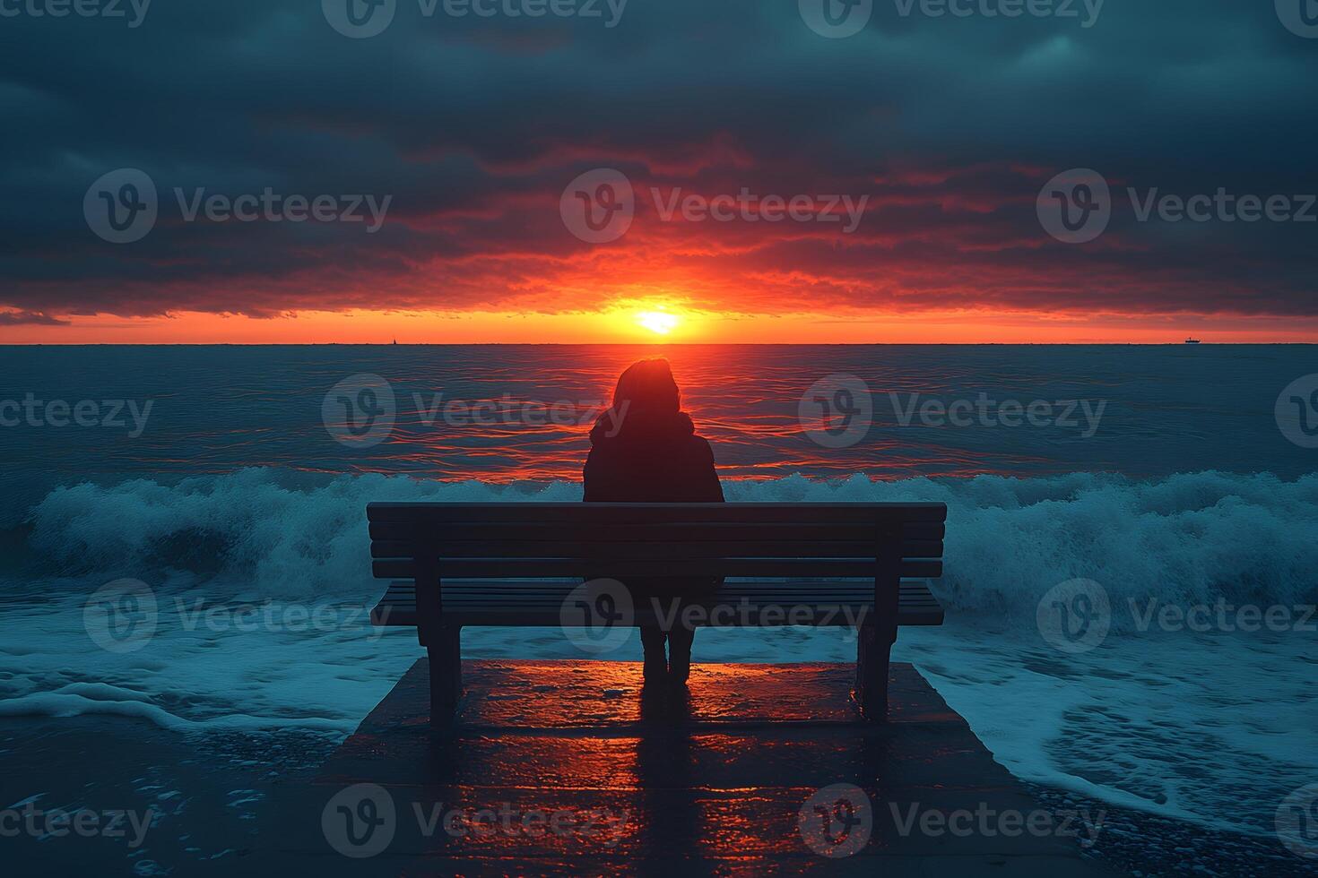 Solitude and Reflection at Sunset by the Sea - Serene Oceanfront Moment for Mindful Inspiration photo