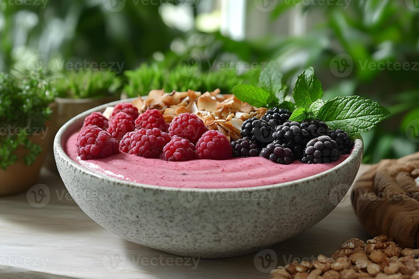 Refreshing Berry Smoothie Bowl with Almonds and Mint Garnish for Healthy Eating photo