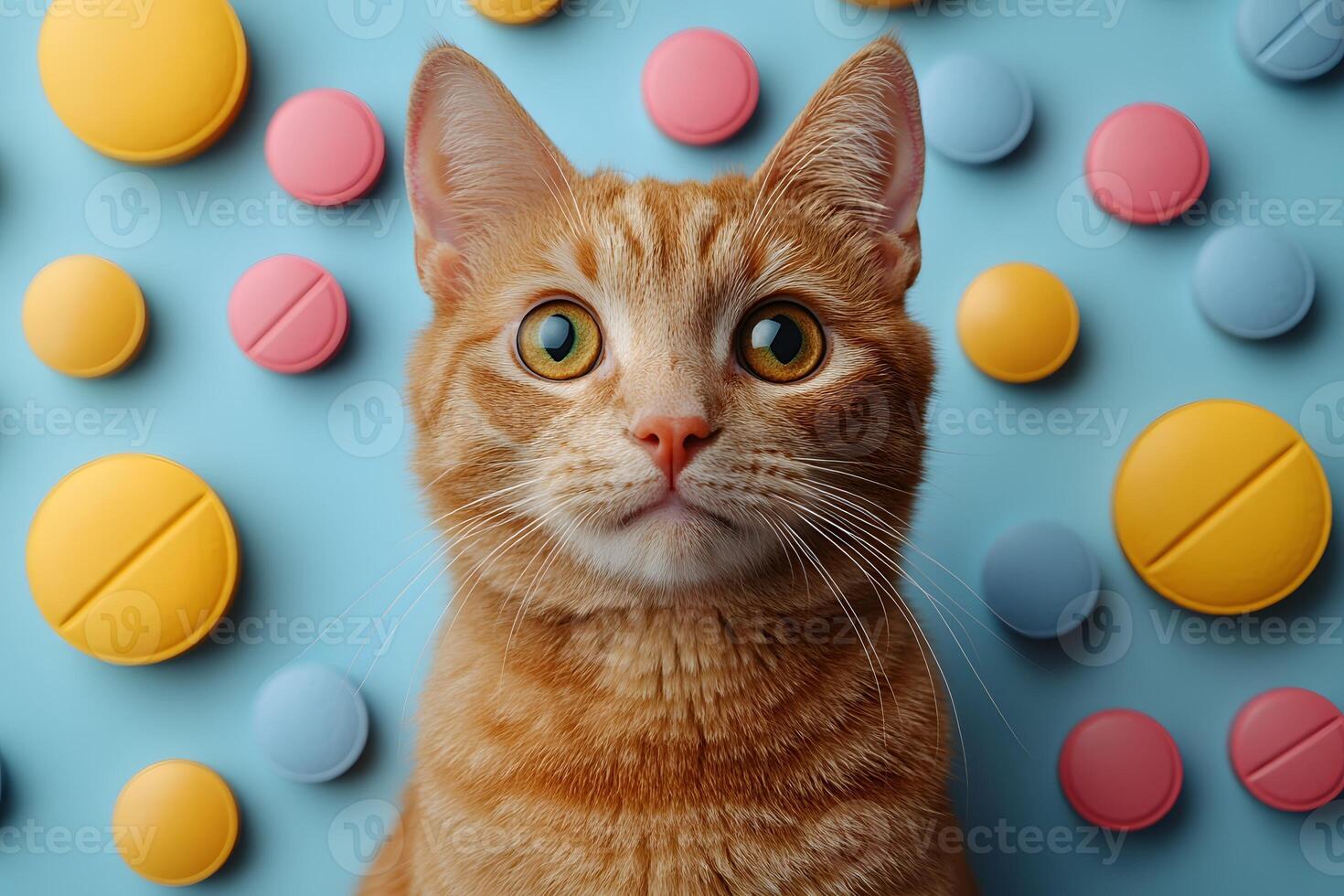 Ginger Cat with Colorful Tablets on Blue Background for Pet Medicine Concepts photo